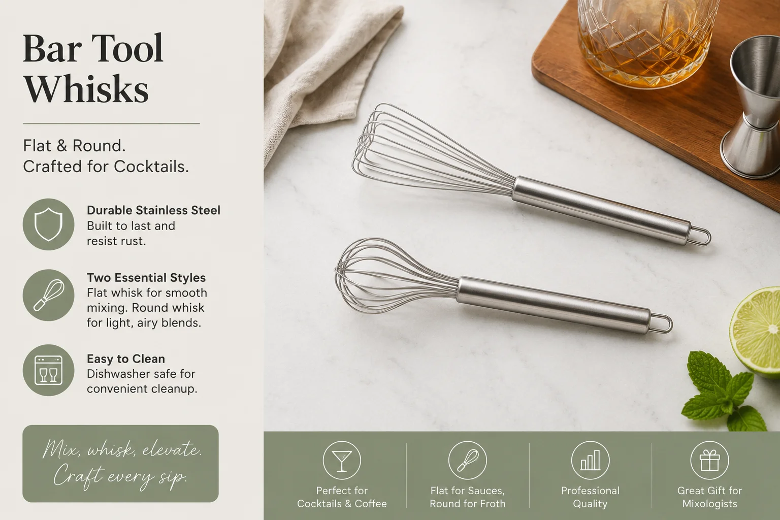 Bar Tool Whips / Whisk Flat & Round