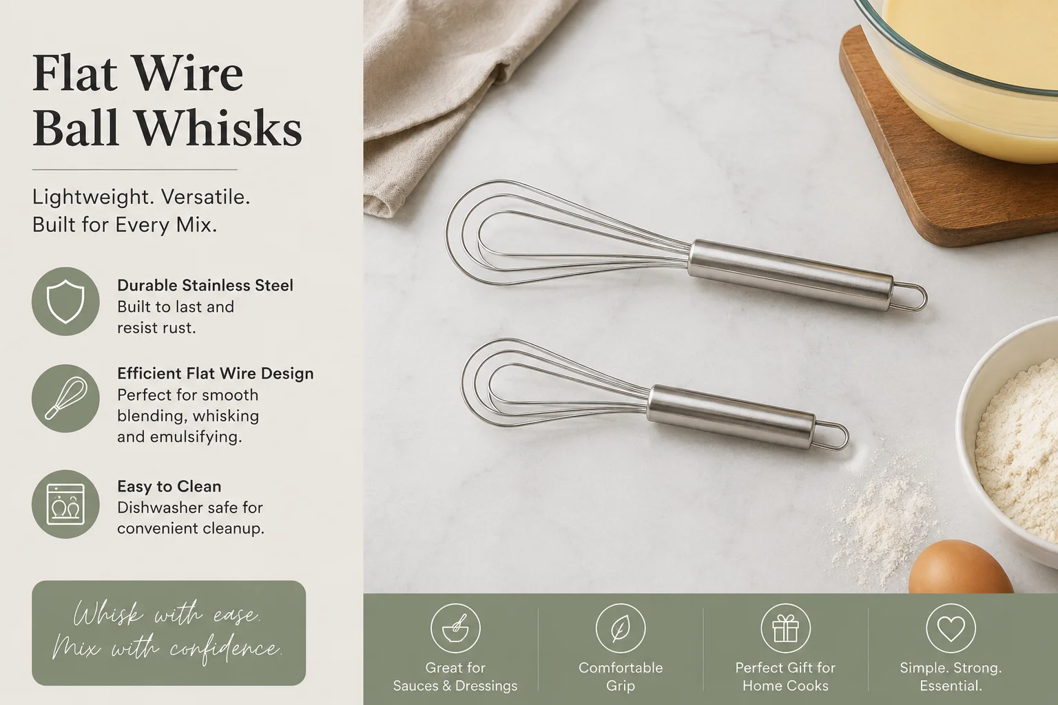 Flat Wire Ball Whips / Whisk S.S. Handle