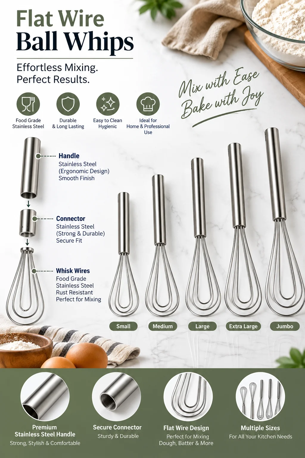 Flat Wire Ball Whips / Whisk S.S. Handle